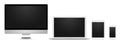 White computer display, laptop, pad and phone with blank screen, for design, presentation, web, mobile.
