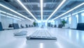 White computer keyboard and mouse on large white office desk with blurred background of modern openplan office space Royalty Free Stock Photo
