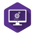White Computer monitor update process with gear progress and loading bar icon with long shadow. System software update Royalty Free Stock Photo