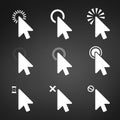 White Computer mouse click cursor arrow icons set. Vector illustration isolated on modern black background. Royalty Free Stock Photo