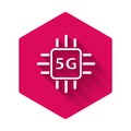 White Computer processor 5G with microcircuits CPU icon isolated with long shadow. Chip or cpu with circuit board. Micro Royalty Free Stock Photo