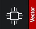 White Computer processor with microcircuits CPU icon isolated on black background. Chip or cpu with circuit board. Micro Royalty Free Stock Photo