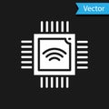 White Computer processor with microcircuits CPU icon isolated on black background. Chip or cpu with circuit board. Micro Royalty Free Stock Photo