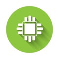 White Computer processor with microcircuits CPU icon isolated with long shadow. Chip or cpu with circuit board. Micro Royalty Free Stock Photo
