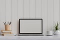 White concept working space with laptop, books and stationery on the table with plank wall, 3D rendering