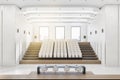 White concrete auditorium interior with seatings, city view and daylight. Training concept.