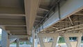 White long overpass bridge . Bottom view of the support structure. Royalty Free Stock Photo