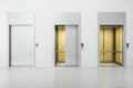 White concrete interior with three elevator doors. Opportunity and success concept. Royalty Free Stock Photo