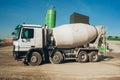 White concrete mixer vehicle on the construction site Royalty Free Stock Photo