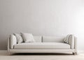 white concrete mock-up wall with white fabric sofa and pillows, modern interior, negative copy space above