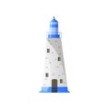 White conic lighthouse with shadow, blue roof and wide foundation in flat design Royalty Free Stock Photo