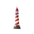 White conic lighthouse with shadow, red diagonal stripes and grey foundation in flat design Royalty Free Stock Photo
