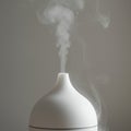 A white, conical-shaped diffuser emits a gentle plume of steam against a neutral gray Royalty Free Stock Photo