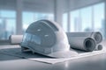 White construction helmet resting on architectural blueprints with rolled plans in a bright modern office environment with city Royalty Free Stock Photo