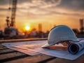 White construction helmet resting on architectural blueprints at a construction site during a warm vibrant sunset with blurred Royalty Free Stock Photo