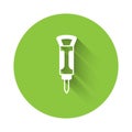 White Construction jackhammer icon isolated with long shadow background. Green circle button. Vector