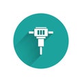 White Construction jackhammer icon isolated with long shadow. Green circle button. Vector