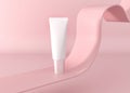 White Container tube - package template. Pink pastel advertising poster. Cosmetic cream - moisturizing