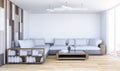 White contemporary living room interior with empty wall