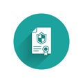 White Contract with shield icon isolated with long shadow. Insurance concept. Security, safety, protection, protect