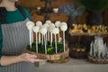 White cookie balls pops on stick on wooden tray