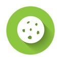 White Cookie or biscuit with chocolate icon isolated with long shadow. Green circle button. Vector Illustration