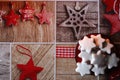 White cookies stars on red saucer on festive tablecloth with stars and wooden pattern. Royalty Free Stock Photo