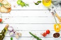 White cooking banner. Kitchen board with vegetables and spices.