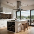 White cooking interior with bar chairs and countertop hardwood floor Cupboard and kitchenware on deck Modern kitchen with