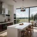 White cooking interior with bar chairs and countertop hardwood floor Cupboard and kitchenware on deck Modern kitchen with