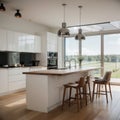 White cooking interior with bar chairs and countertop hardwood floor Cupboard and kitchenware on deck Modern kitchen with