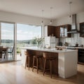 White cooking interior with bar chairs and countertop hardwood floor Cupboard and kitchenware on deck Modern kitchen with