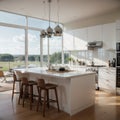 White cooking interior with bar chairs and countertop hardwood floor Cupboard and kitchenware on deck Modern kitchen with