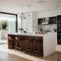 White cooking interior with bar chairs and countertop hardwood floor Cupboard and kitchenware on deck Modern kitchen with