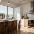 White cooking interior with bar chairs and countertop hardwood floor Cupboard and kitchenware on deck Modern kitchen with