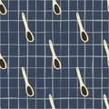 White cooking spoon ornament seamless pattern. Kitchen doodle print on navy blue chequered background