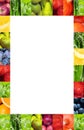 White copy space framed by many closeups of fruits and vegetables