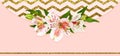 White and coral alstroemeria flowers in a floral arrangement on pink and zigzag background