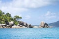 White coral sand on tropical beach. La Digue island, Seyshelles.