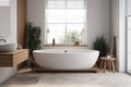 bathroom white architecture apartment luxury modern interior bathtub wood house home. Generative AI. Royalty Free Stock Photo