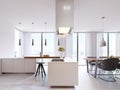 White corner kitchen in contemporary style, with bar top and black chairs. Suspended lamps and square hood, panoramic windows and