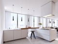 White corner kitchen in contemporary style, with bar top and black chairs. Suspended lamps and square hood, panoramic windows and