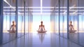 White corridor Room with clear floor and powerful cold Sunlight with a woman meditating seated - AI generated