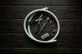 White corrugated cable and a set of tools on a vintage table for electrical repair. Concept of replacing or connecting electrical Royalty Free Stock Photo