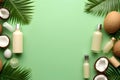 White cosmetic bottles, eucalyptus flowers, towels, soap on green background. Top view, flat lay. Natural organic beauty