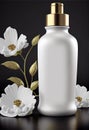 white cosmetic container, lotion bottle with golden cap and floral