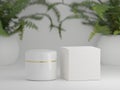 White cosmetic jar with editable space and box on a white background with fern plants Royalty Free Stock Photo