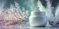A white cosmetic jar rests near some flower branches Royalty Free Stock Photo
