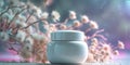 A white cosmetic jar rests near some flower branches. Royalty Free Stock Photo