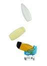 White cosmetic jars with shampoo shower gel hand soap lie in shopping carts. Online store for home